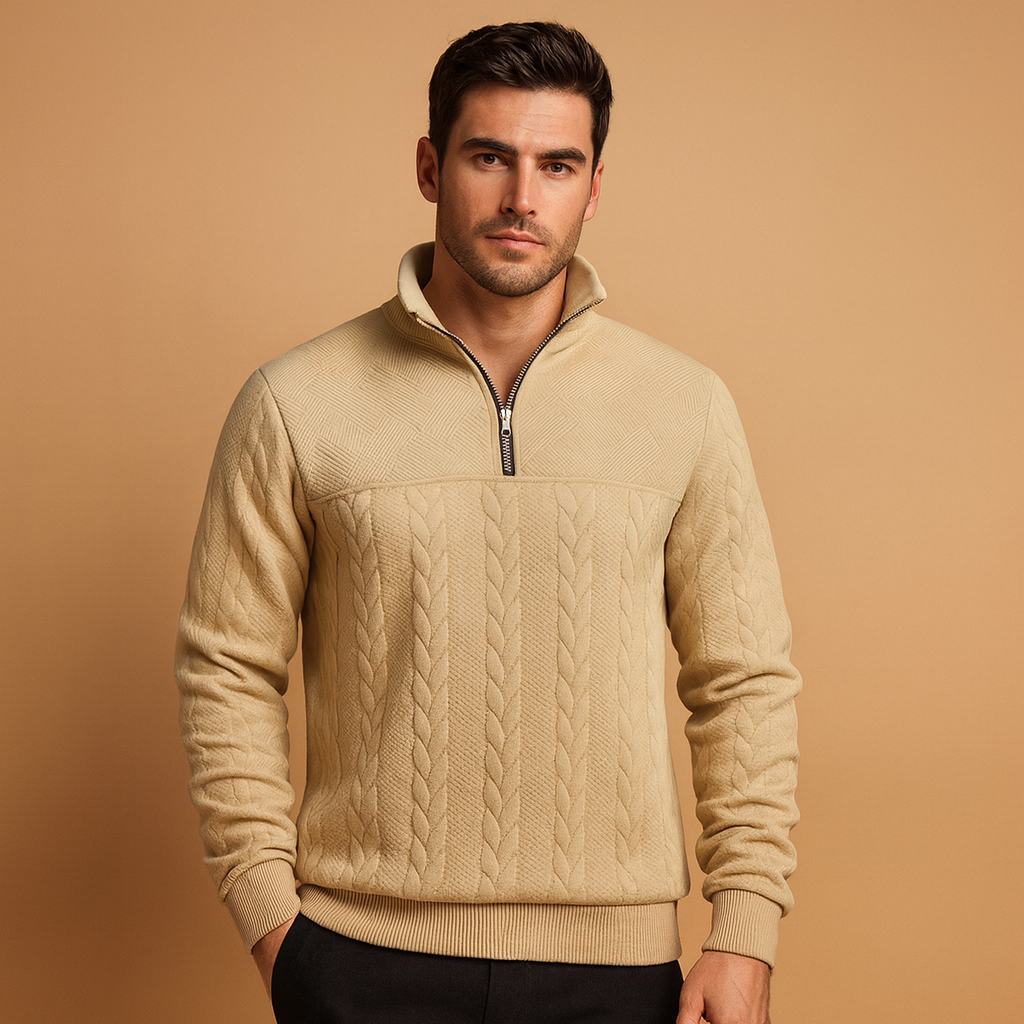 Men’s quarter zip pullover with subtle woven pattern in beige, gray, blue, black, and white, perfect for casual or semi-formal wear in autumn and winter.
