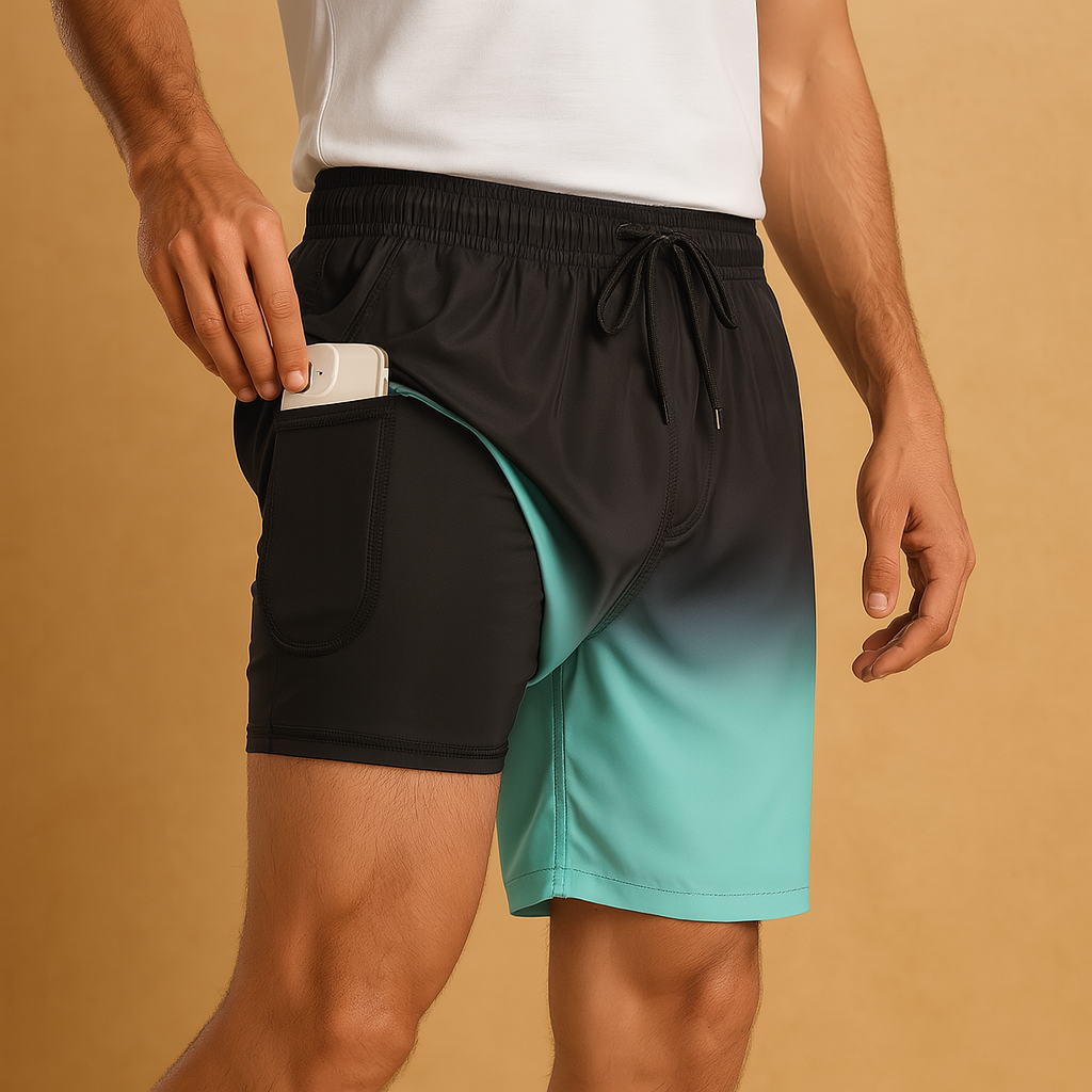 Men wearing quick-dry swim shorts Noah, breathable and lightweight design, ideal for swimming, beach days, and summer vacations.