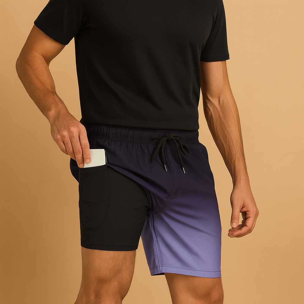 Men wearing quick-dry swim shorts Noah, breathable and lightweight design, ideal for swimming, beach days, and summer vacations.