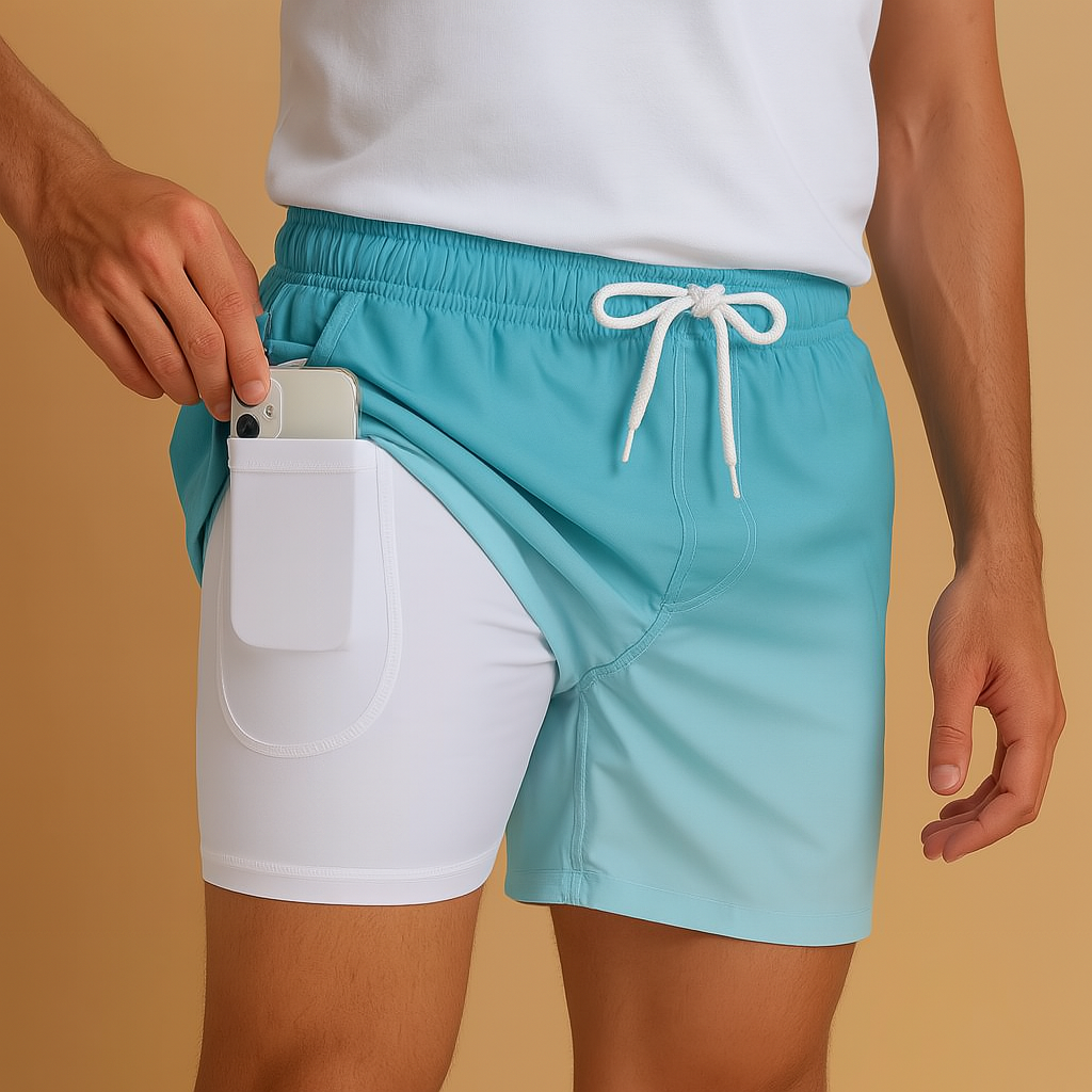 Men wearing quick-dry swim shorts Noah, breathable and lightweight design, ideal for swimming, beach days, and summer vacations.