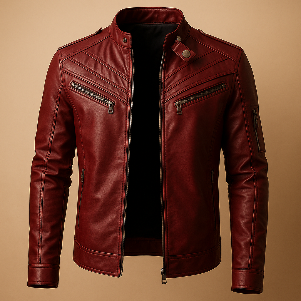Men’s quilted leather jacket with stand-up collar and zip pockets, offering timeless style for casual and formal occasions.