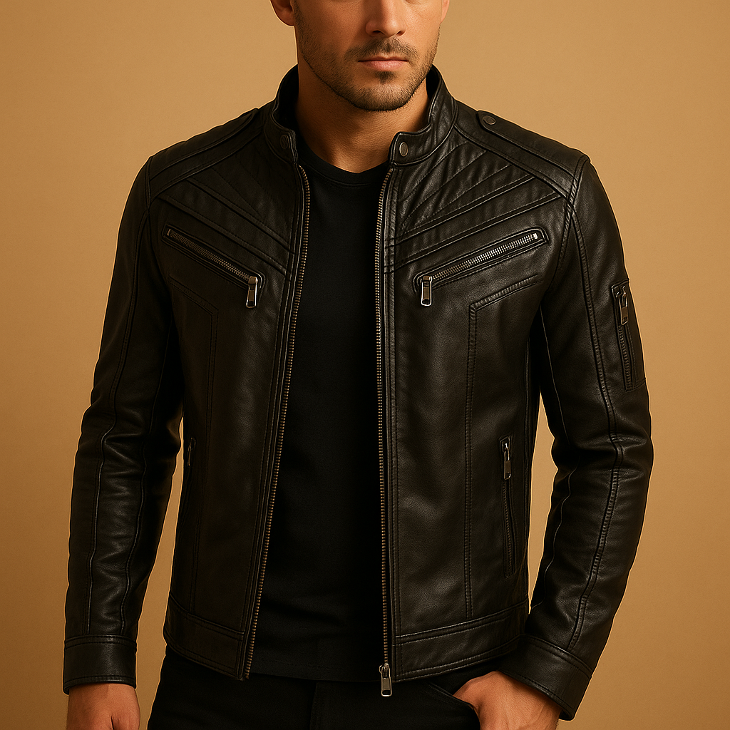 Men’s quilted leather jacket with stand-up collar and zip pockets, offering timeless style for casual and formal occasions.