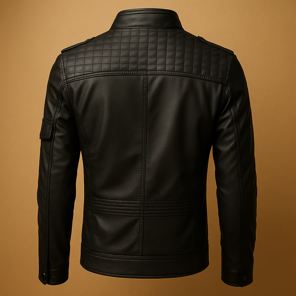 Men’s quilted leather jacket with stand-up collar and zip pockets, offering timeless style for casual and formal occasions.
