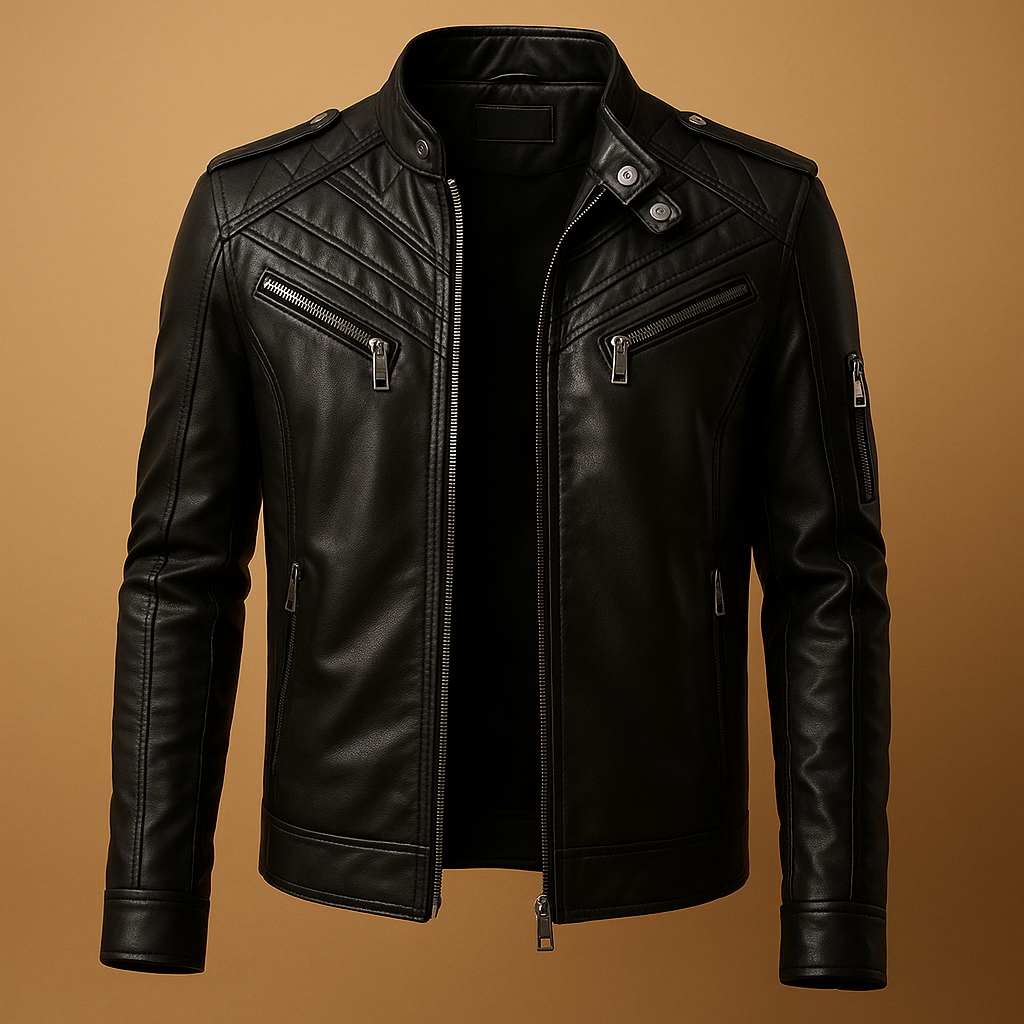 Men’s quilted leather jacket with stand-up collar and zip pockets, offering timeless style for casual and formal occasions.