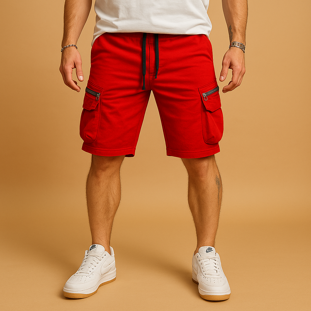 Men’s relaxed-fit cargo shorts with adjustable waist and multiple pockets, made from breathable fabric for casual summer comfort.