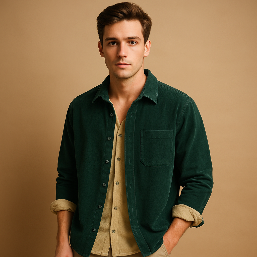 Men’s retro corduroy long sleeve shirt with a soft ribbed texture and timeless design, available in multiple colors for casual or elegant wear.