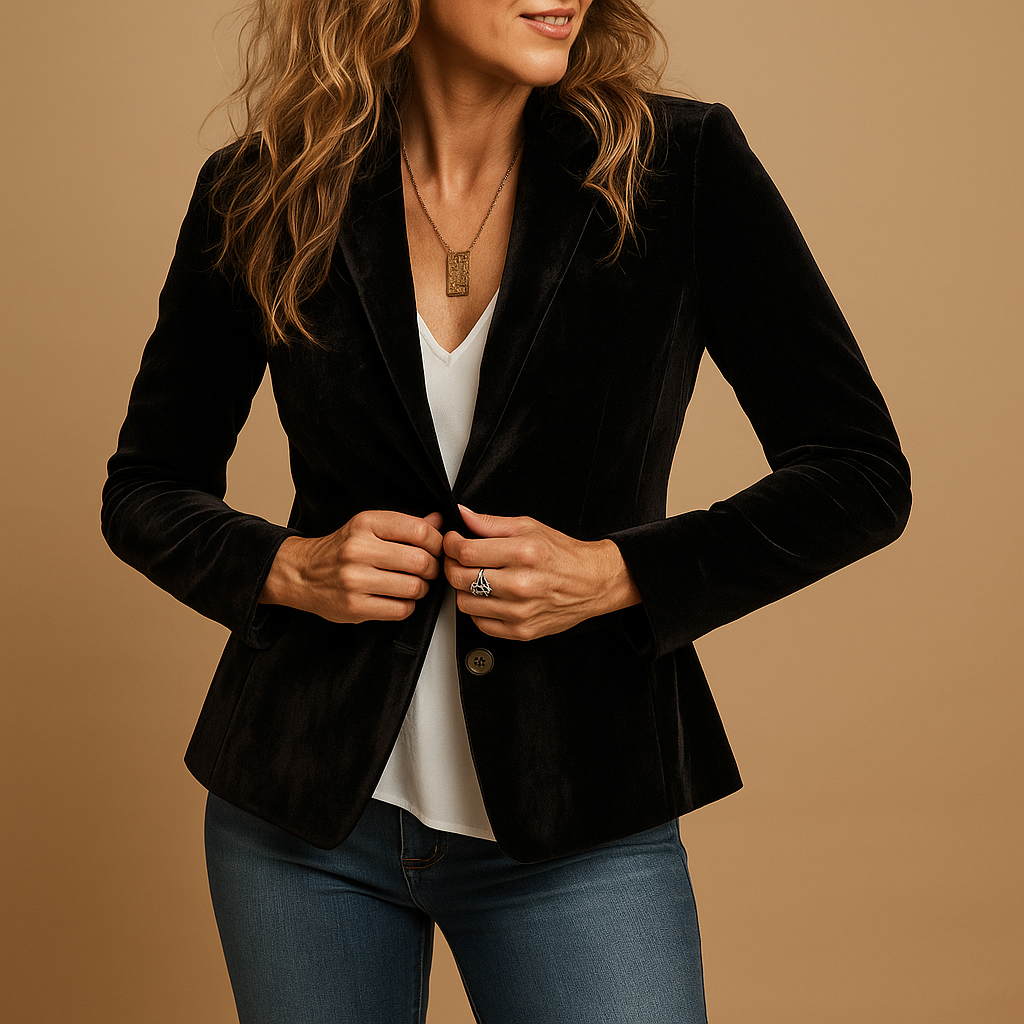 Retro slim-fit blazer for women with a tailored fit, lapel collar, and practical pockets, ideal for office wear or stylish casual outfits.