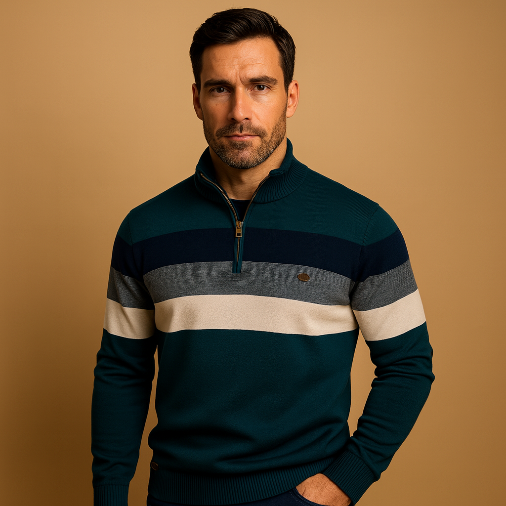 Men’s retro striped pullover with zipper and collar in green, khaki, dark blue, and black, perfect for casual wear in autumn and winter.