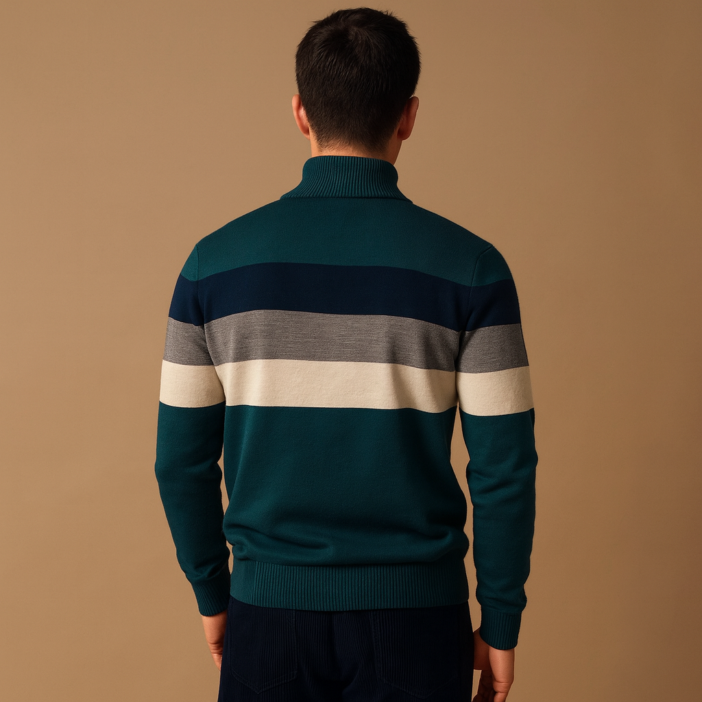 Men’s retro striped pullover with zipper and collar in green, khaki, dark blue, and black, perfect for casual wear in autumn and winter.