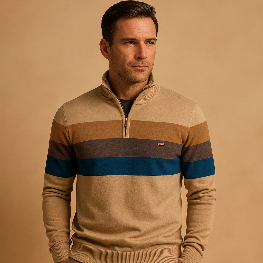 Men’s retro striped pullover with zipper and collar in green, khaki, dark blue, and black, perfect for casual wear in autumn and winter.