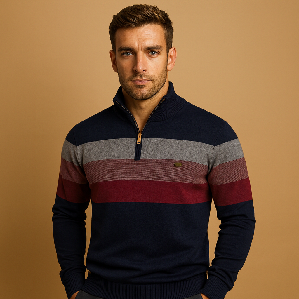 Men’s retro striped pullover with zipper and collar in green, khaki, dark blue, and black, perfect for casual wear in autumn and winter.