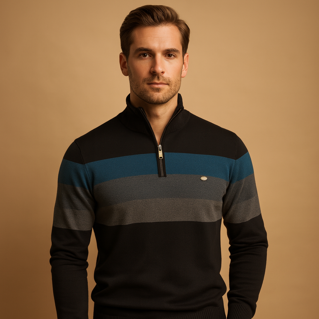 Men’s retro striped pullover with zipper and collar in green, khaki, dark blue, and black, perfect for casual wear in autumn and winter.