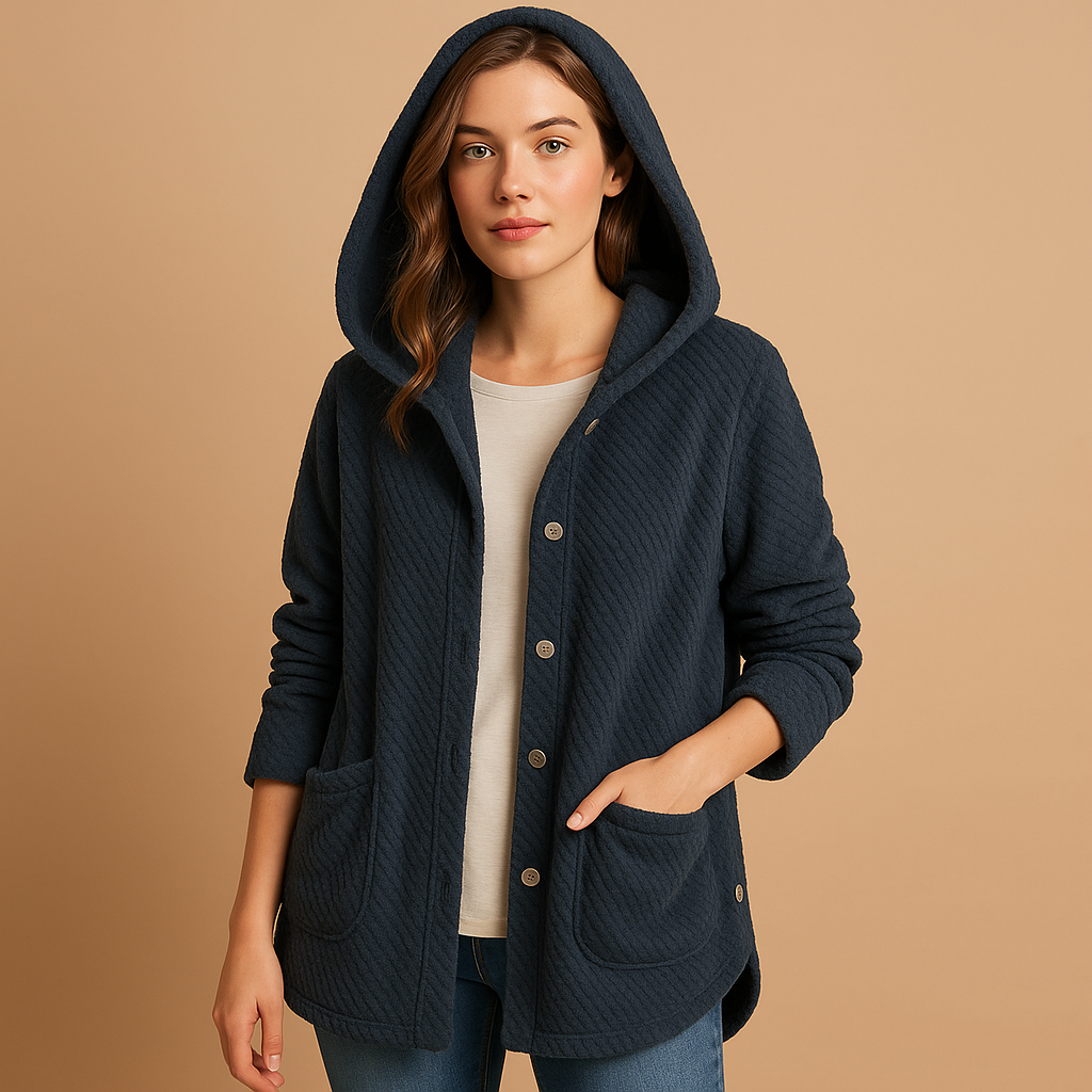 Reversible fleece jacket for women with hood, ribbed sleeves, and soft warm fabric, ideal for autumn and winter everyday wear.