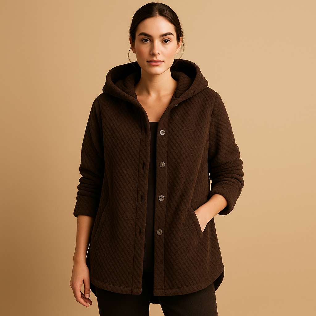 Reversible fleece jacket for women with hood, ribbed sleeves, and soft warm fabric, ideal for autumn and winter everyday wear.