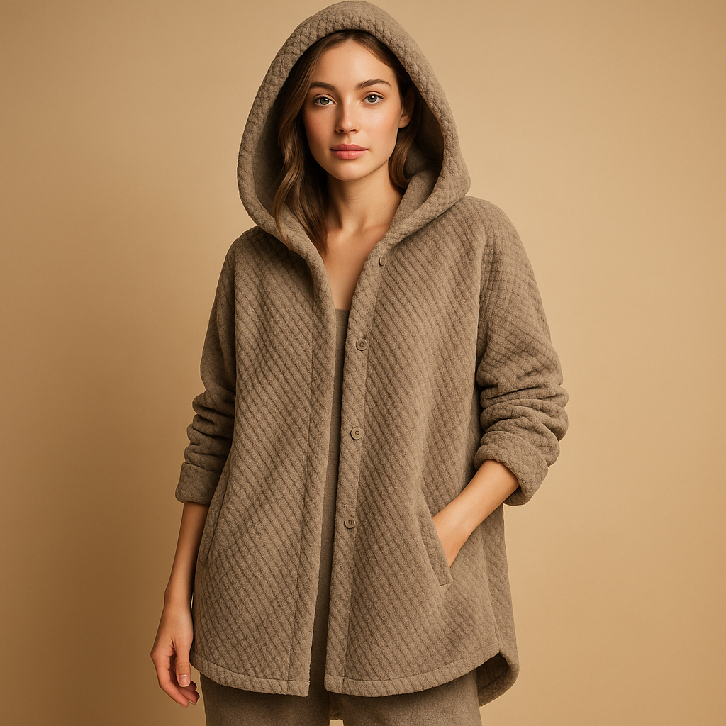 Reversible fleece jacket for women with hood, ribbed sleeves, and soft warm fabric, ideal for autumn and winter everyday wear.
