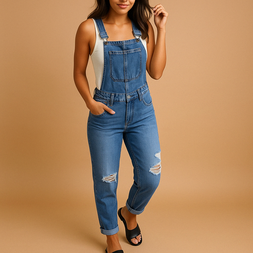 Ripped denim overall for women with adjustable straps and relaxed fit, perfect for casual outings and trendy streetwear looks.