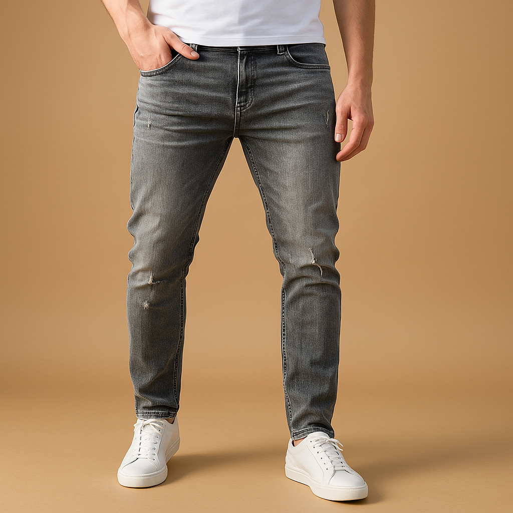 Men’s ripped slim-fit jeans made from durable stretch denim, featuring a modern urban look ideal for casual and streetwear outfits.
