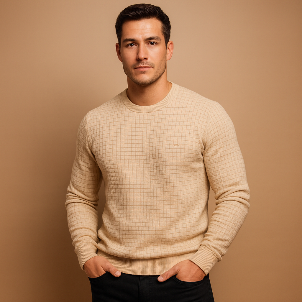 Men’s classic round neck knitted sweater in soft warm fabric, timeless, comfortable, and ideal for autumn and winter wear.