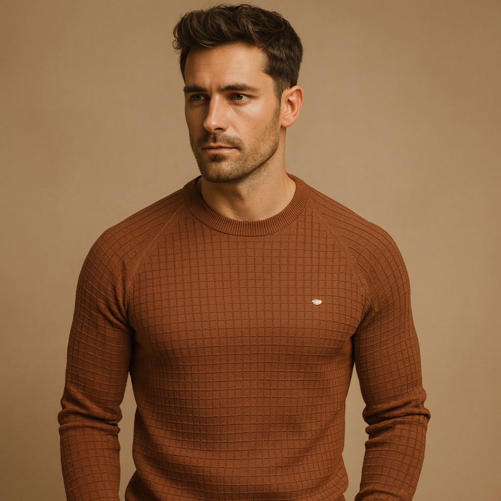 Men’s classic round neck knitted sweater in soft warm fabric, timeless, comfortable, and ideal for autumn and winter wear.
