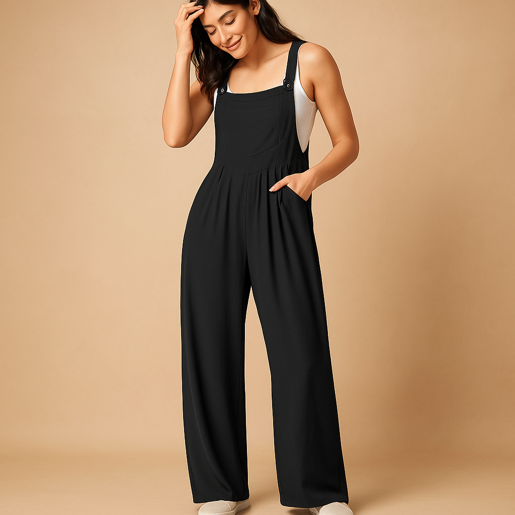 Stylish women’s sleeveless ruched jumpsuit with pockets and relaxed fit, perfect for casual days, weekend trips, or running errands.