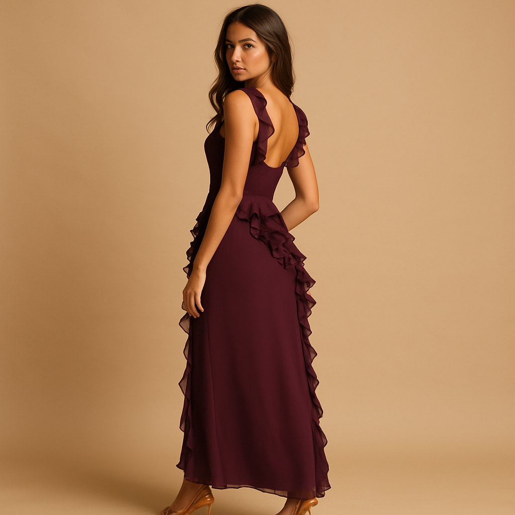 Women’s ruffled maxi dress with asymmetrical design, high slit, and adjustable straps, perfect for formal and summer evening events.