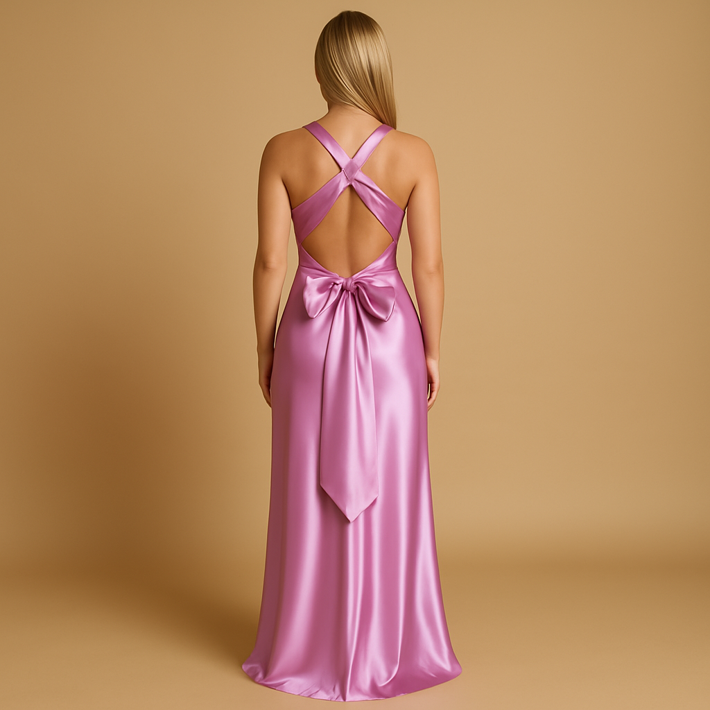 Women’s satin halter evening dress with twisted neckline and fitted bodice, perfect for weddings, parties, and formal occasions.
