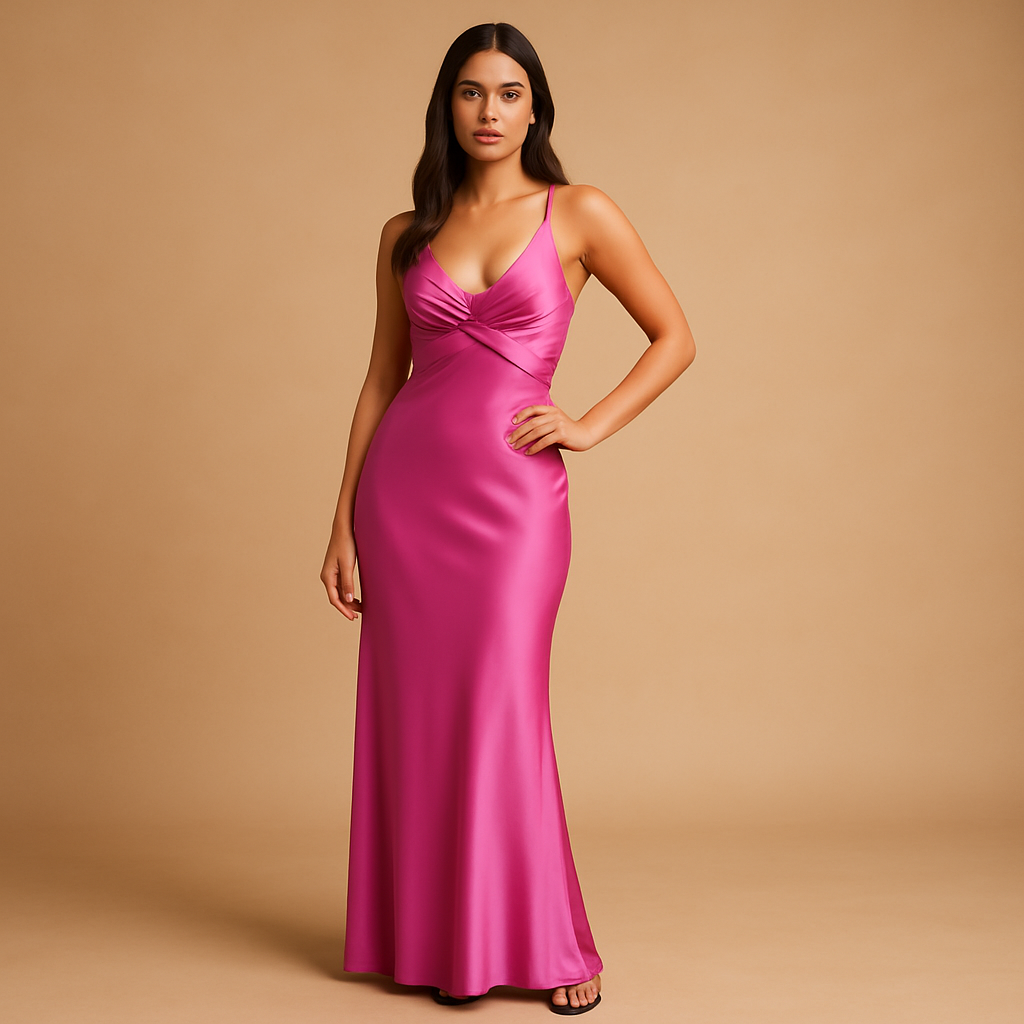 Women’s satin halter evening dress with twisted neckline and fitted bodice, perfect for weddings, parties, and formal occasions.