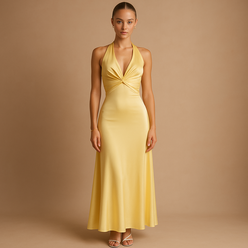 Women’s satin halter evening dress with twisted neckline and fitted bodice, perfect for weddings, parties, and formal occasions.