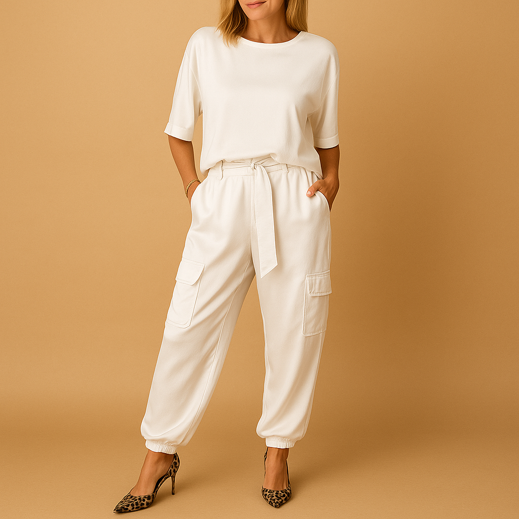 Satin two-piece set for women with half-sleeve top and straight-leg pants, ideal for elegant occasions or luxurious loungewear.