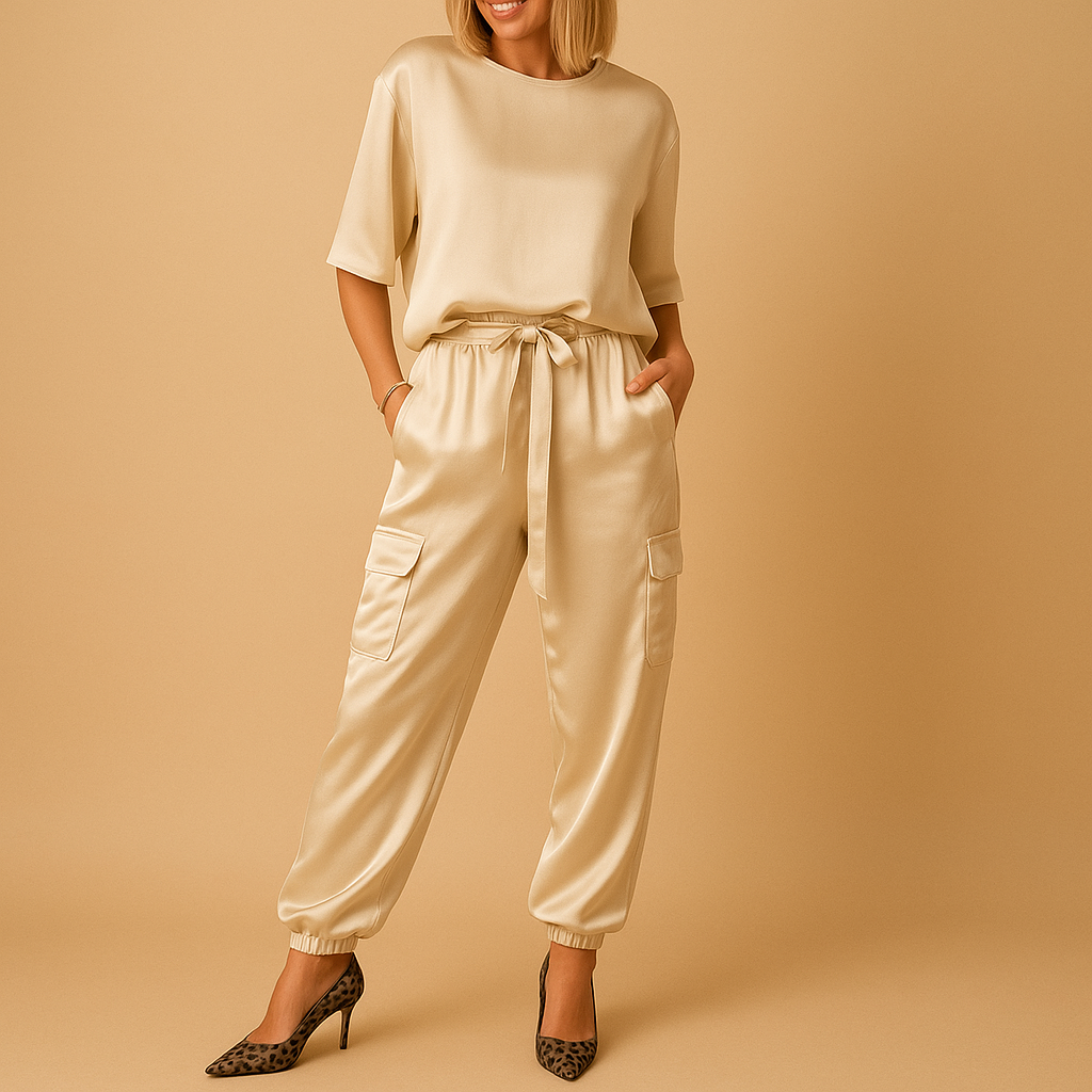 Satin two-piece set for women with half-sleeve top and straight-leg pants, ideal for elegant occasions or luxurious loungewear.