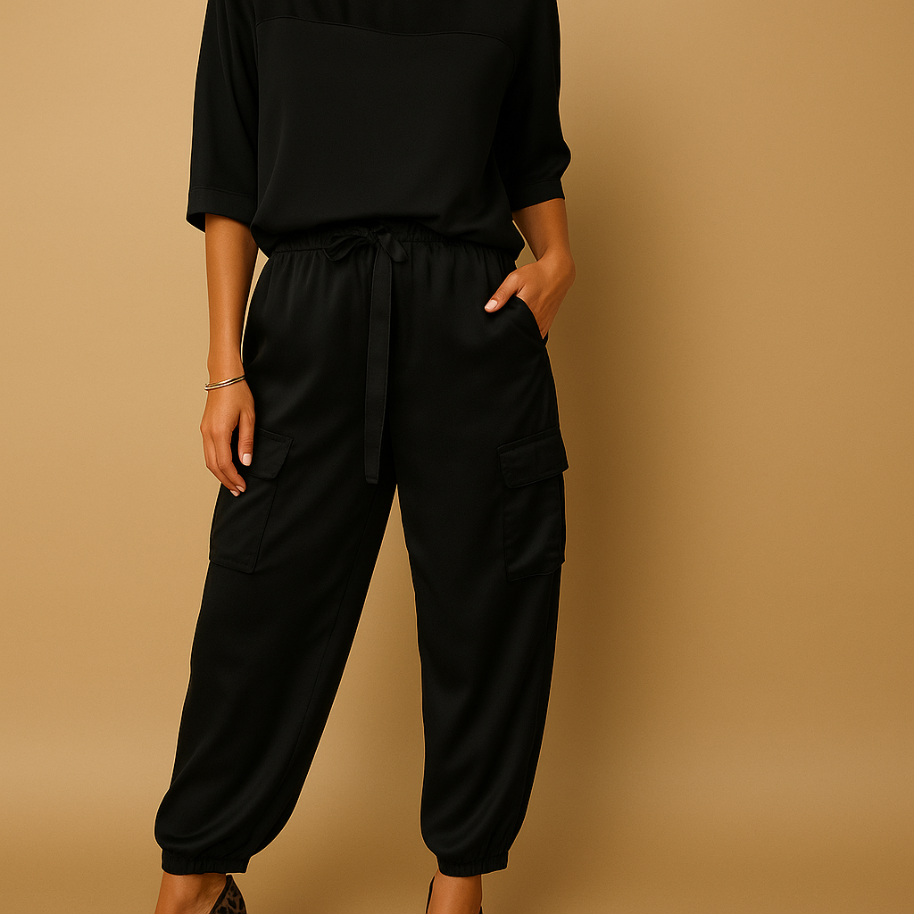 Satin two-piece set for women with half-sleeve top and straight-leg pants, ideal for elegant occasions or luxurious loungewear.