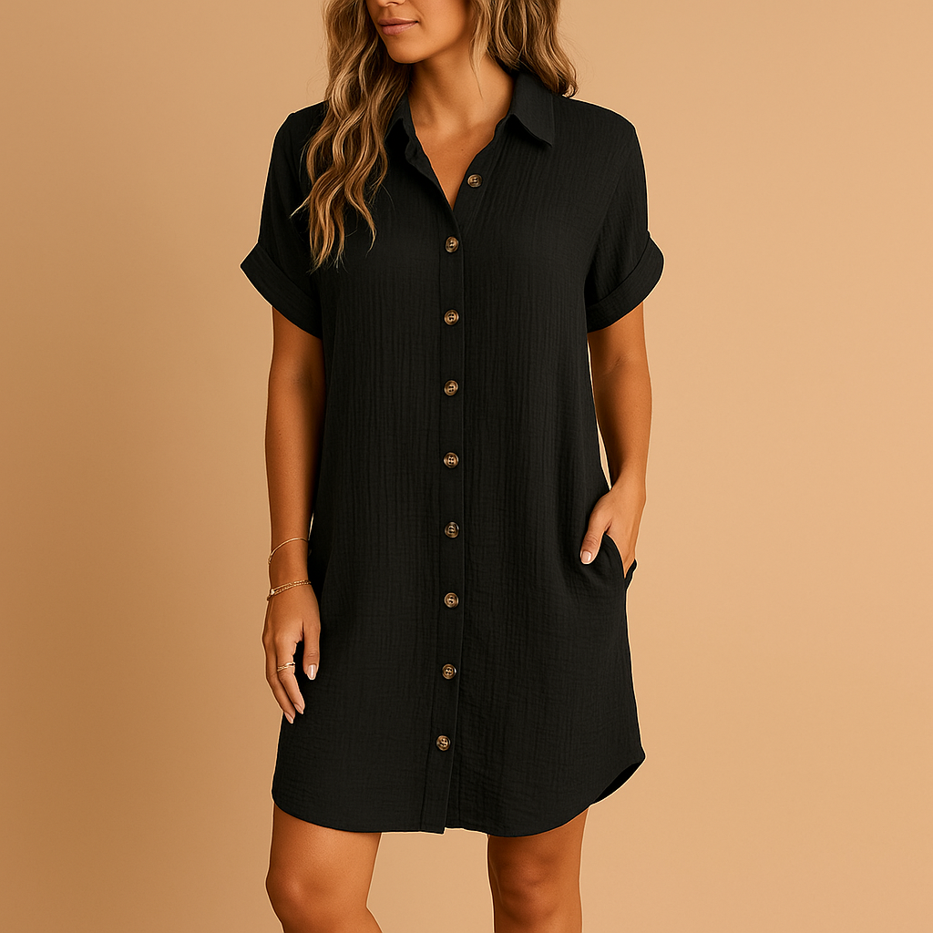 Women’s shirt style summer midi dress with button closure and belt detail, perfect for vacations, beach days, or casual summer outings.
