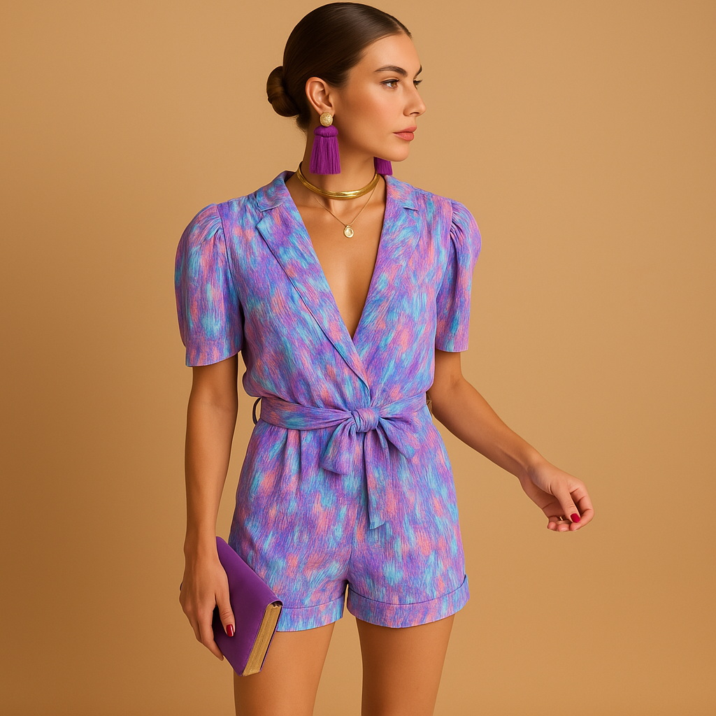 Women’s short summer jumpsuit with waist belt and colorful print, perfect for warm days, weekend fun, or summer evenings.