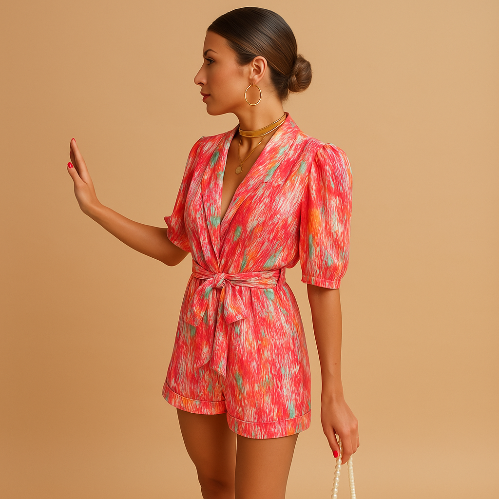 Women’s short summer jumpsuit with waist belt and colorful print, perfect for warm days, weekend fun, or summer evenings.