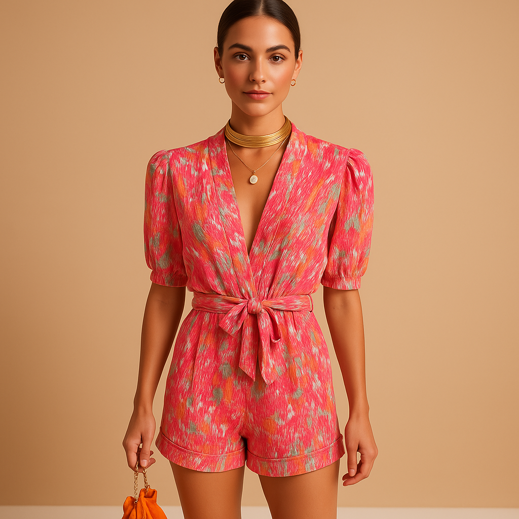 Women’s short summer jumpsuit with waist belt and colorful print, perfect for warm days, weekend fun, or summer evenings.