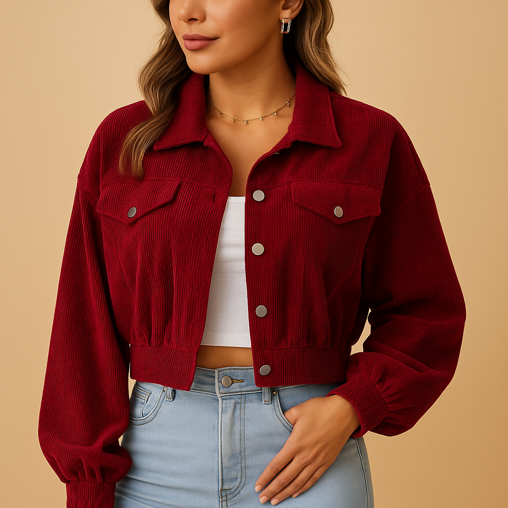 Short corduroy jacket for women with ribbed texture, silver buttons and a modern cropped silhouette for stylish layering.