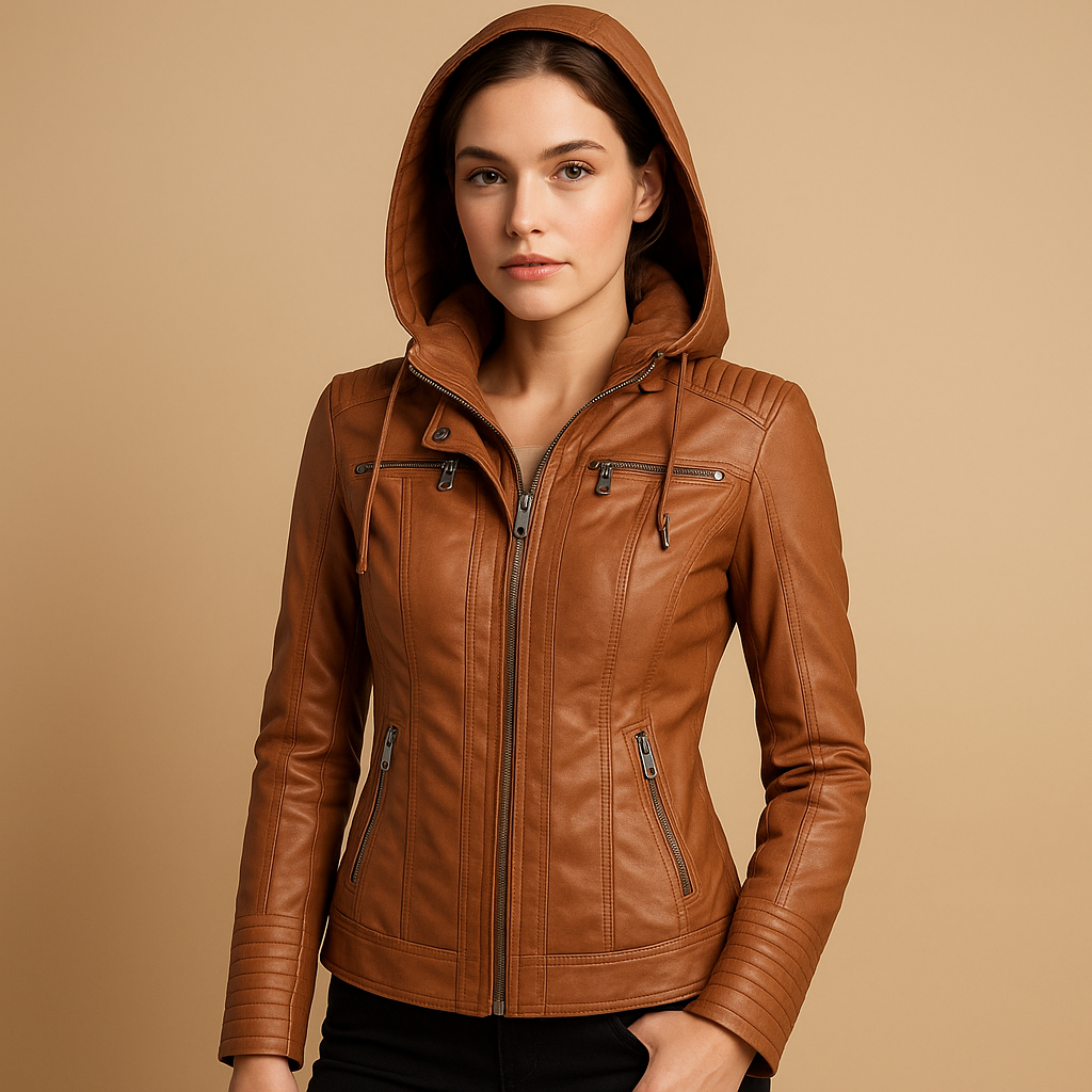 Women’s short jacket with removable hood and modern zipper details, ideal for everyday wear and polished casual looks.