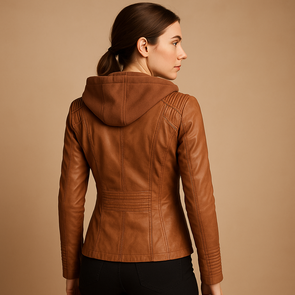 Women’s short jacket with removable hood and modern zipper details, ideal for everyday wear and polished casual looks.