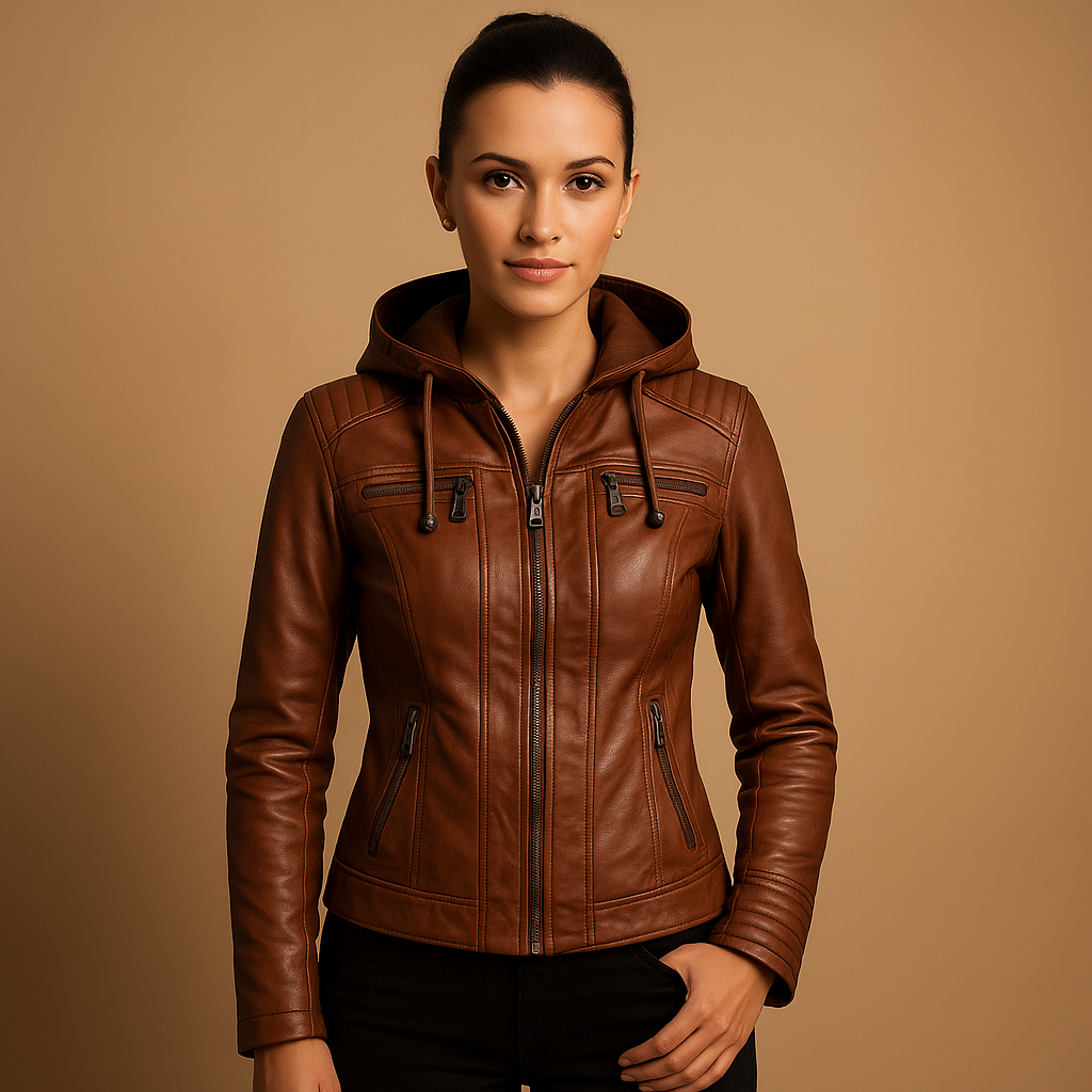 Women’s short jacket with removable hood and modern zipper details, ideal for everyday wear and polished casual looks.