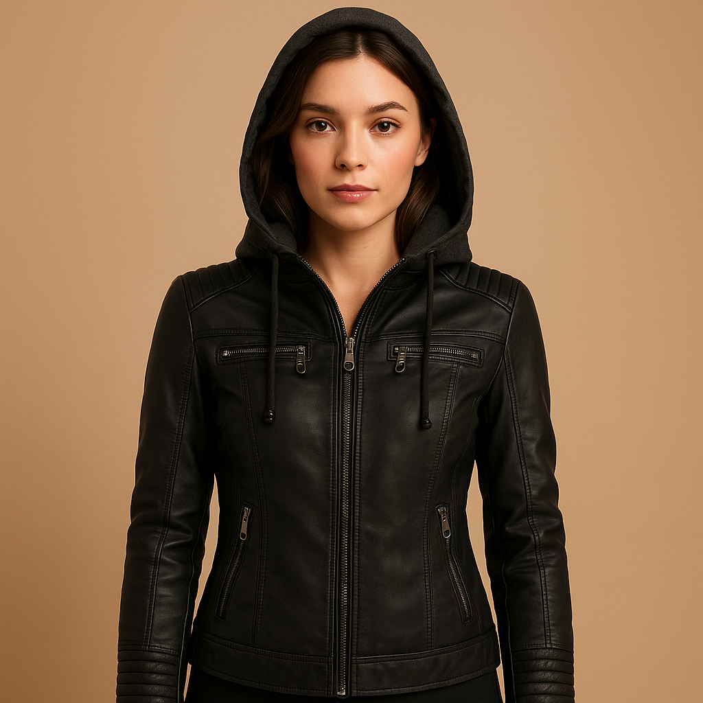 Women’s short jacket with removable hood and modern zipper details, ideal for everyday wear and polished casual looks.
