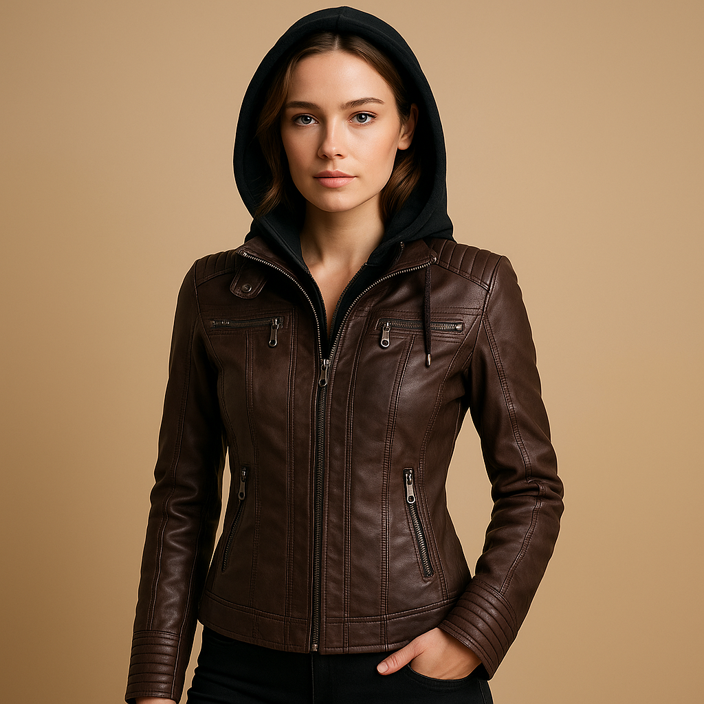 Women’s short jacket with removable hood and modern zipper details, ideal for everyday wear and polished casual looks.
