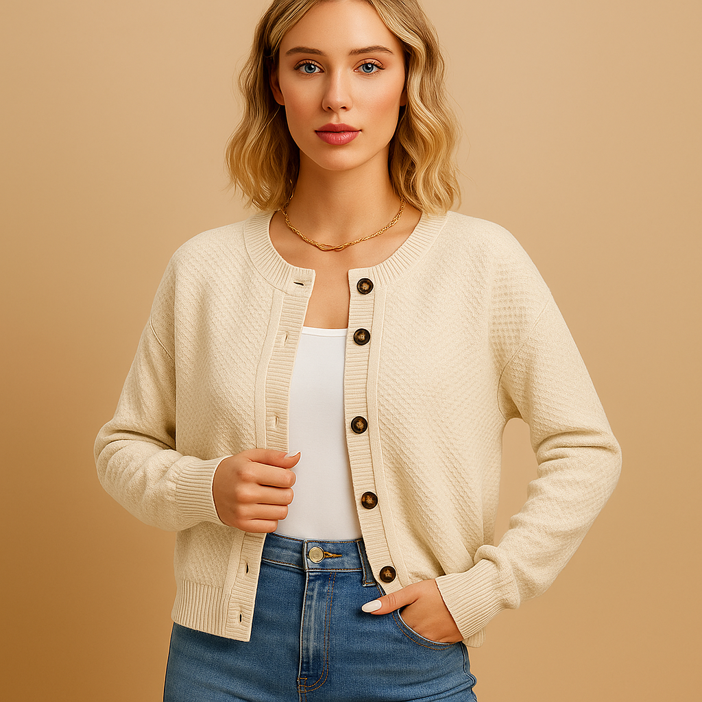 Short knitted women’s cardigan with decorative buttons and a compact fit, ideal for layering and everyday outfits.