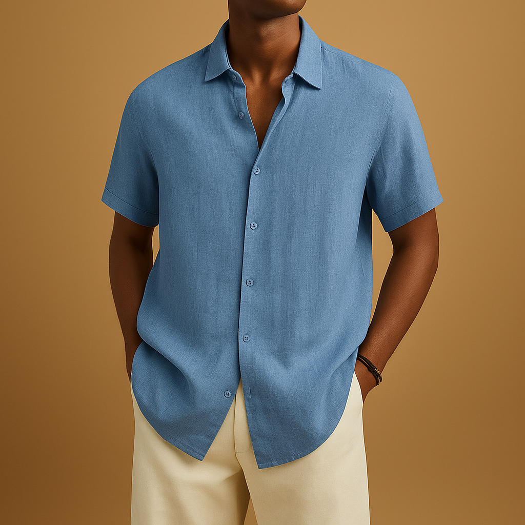 Men’s short sleeve summer shirt in a solid color with button details, perfect for holidays, beach walks, or casual city wear.