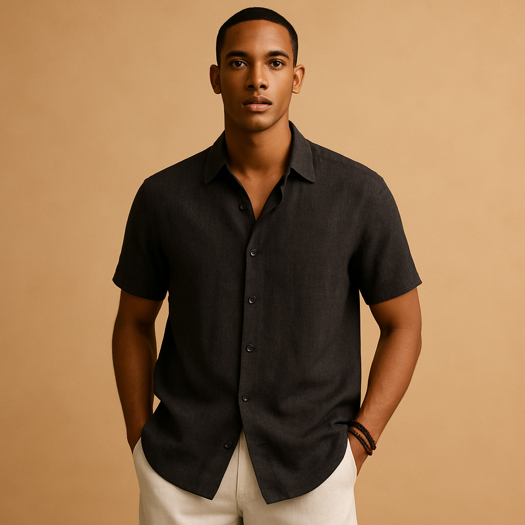 Men’s short sleeve summer shirt in a solid color with button details, perfect for holidays, beach walks, or casual city wear.