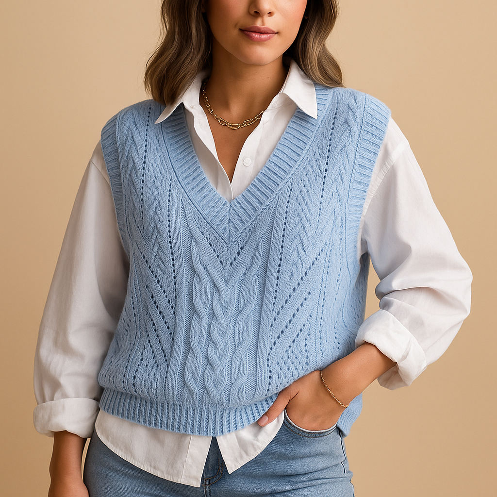 Sleeveless cable knit vest for women with slim fit and deep V-neckline, lightweight and elegant, perfect for layering in spring or autumn.