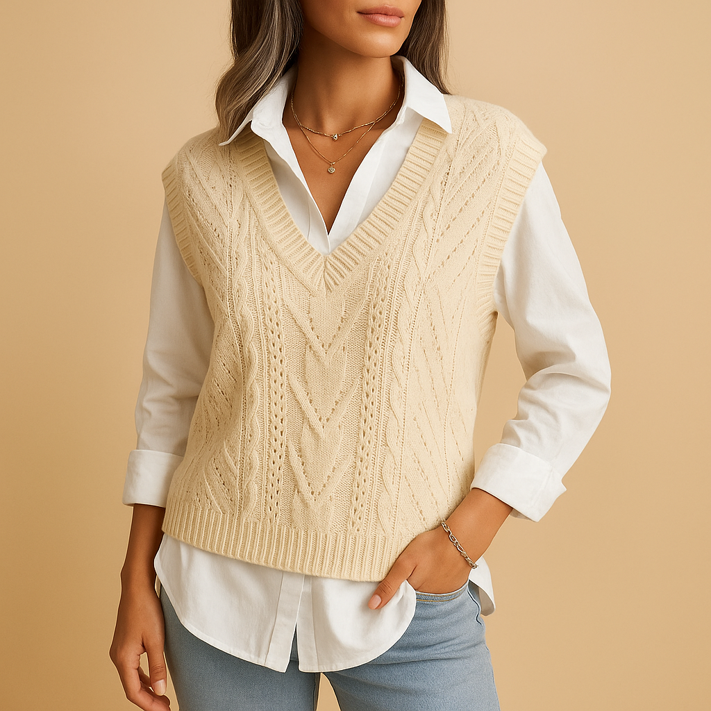 Sleeveless cable knit vest for women with slim fit and deep V-neckline, lightweight and elegant, perfect for layering in spring or autumn.