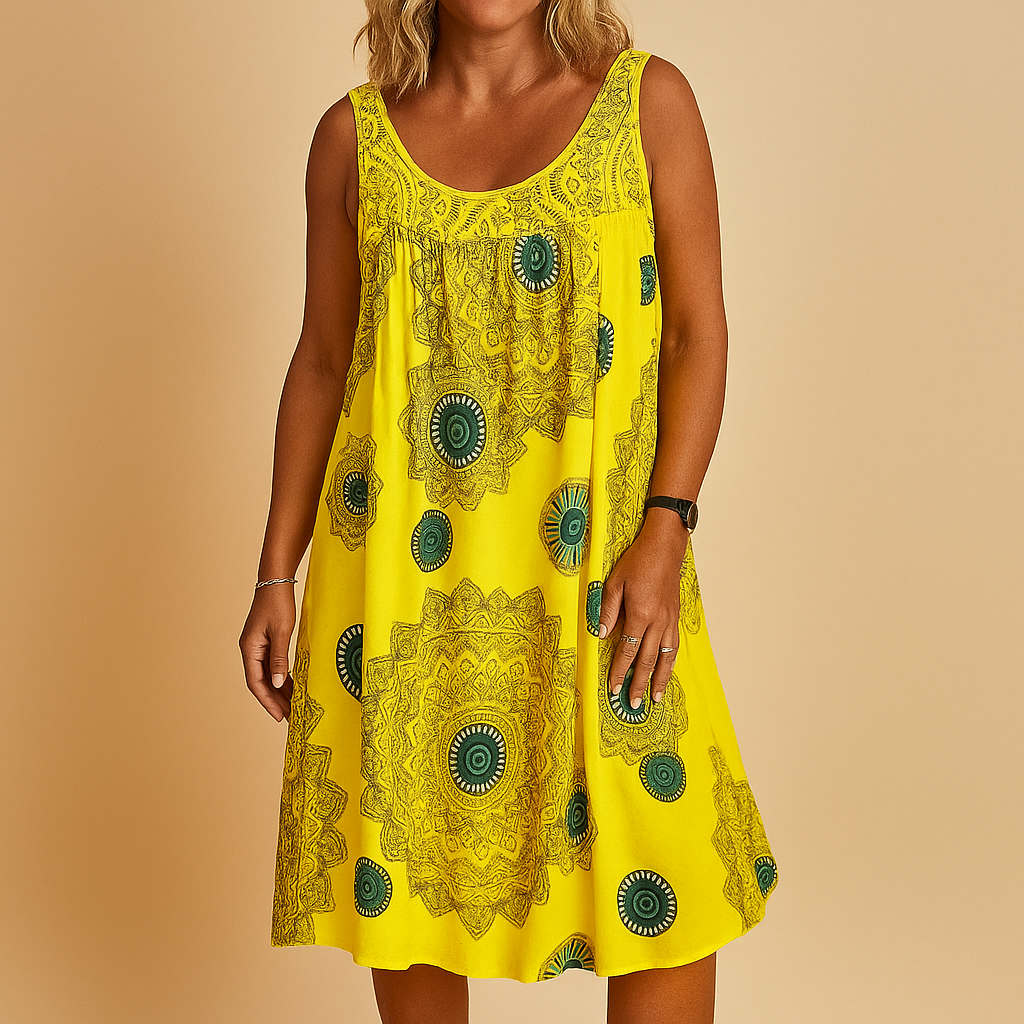 Women’s sleeveless summer dress with multicolor print and lightweight fit, perfect for holidays, casual outings, and warm summer days.