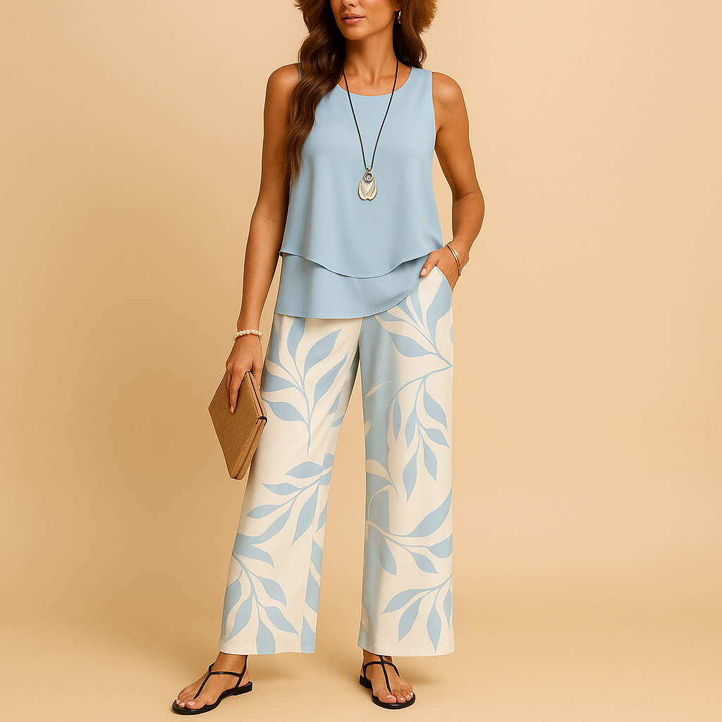 Two-piece summer set for women with sleeveless top and straight-leg pants, perfect for casual outings, vacations, and warm days.