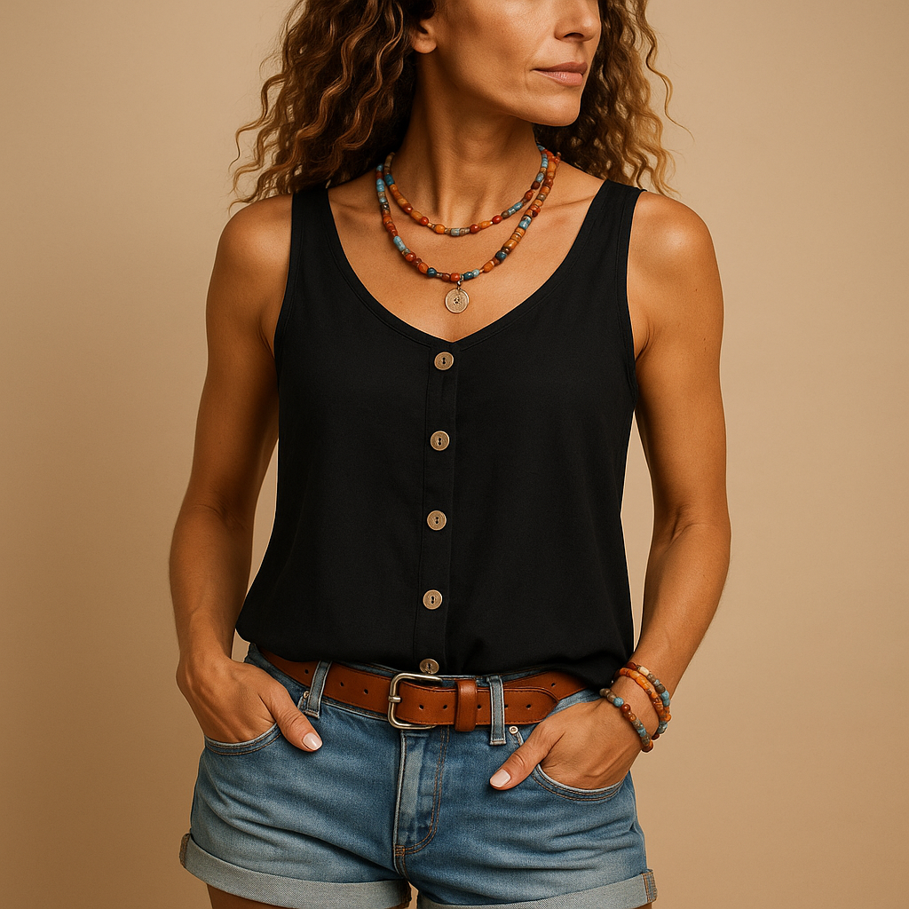 Women’s sleeveless V-neck summer top in vibrant colors with relaxed fit and casual style, perfect for warm weather.