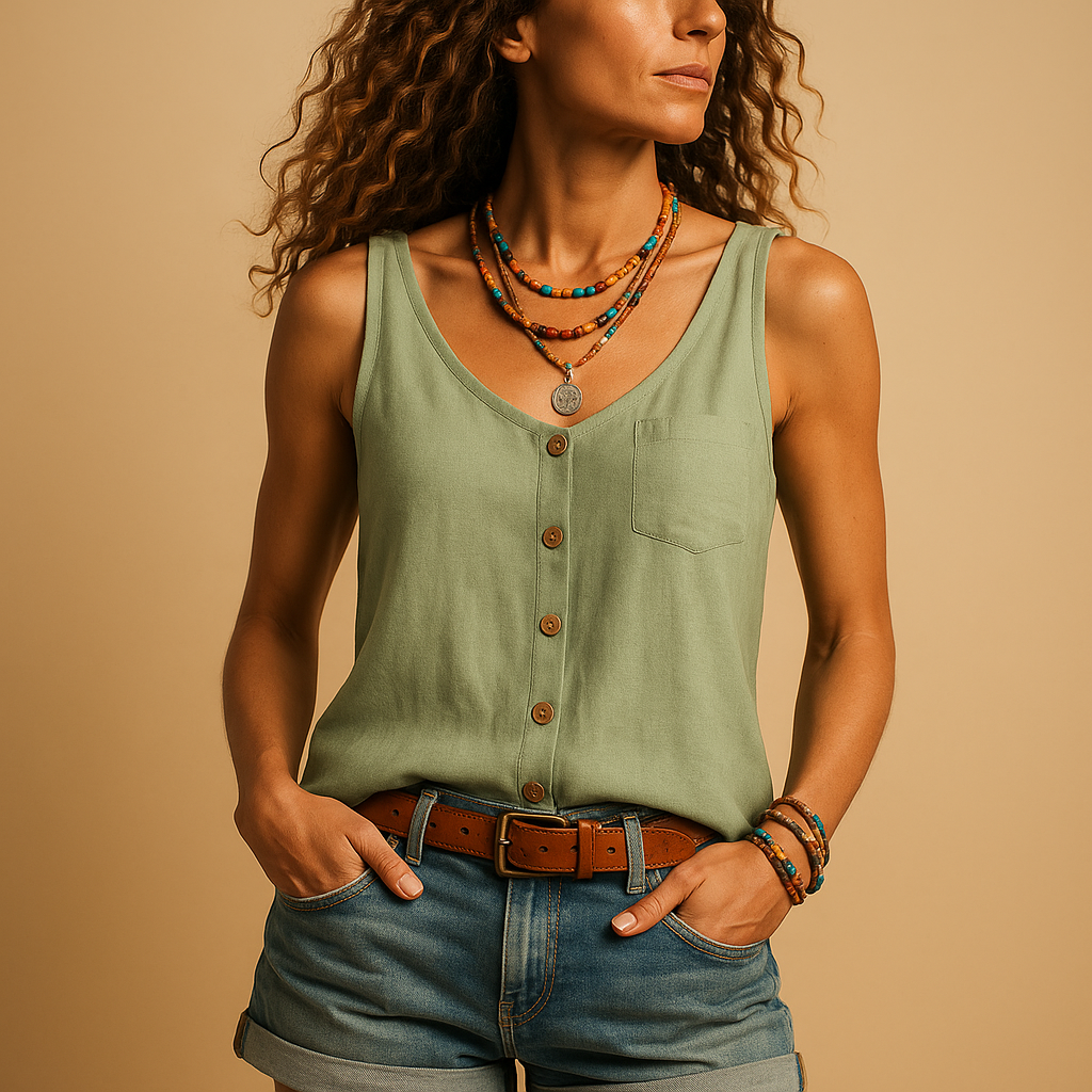 Women’s sleeveless V-neck summer top in vibrant colors with relaxed fit and casual style, perfect for warm weather.